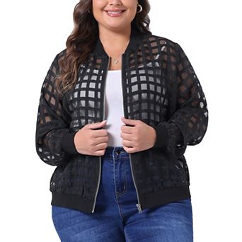 Plus Size Bomber Jacket For Women Hollow Out Long Sleeve Baseball Collar Outerwear