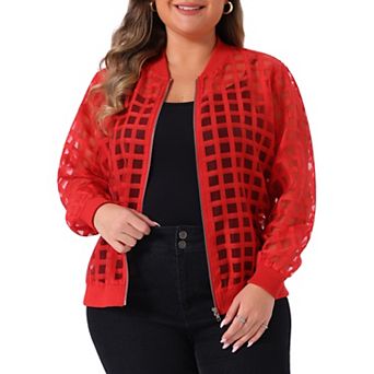 Plus Size Bomber Jacket for Women Hollow Out Long Sleeve Baseball Collar Outerwear