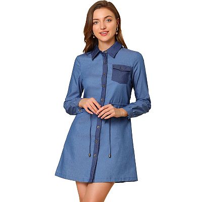 Denim Dress For Women s Drawstring Waist Long Sleeve Contrast Chambray Shirt Dresses
