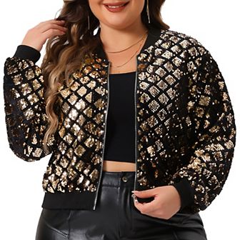 Plus Size Sequin Jackets For Women Long Sleeve Metallic Party Crop Bomber Jacket