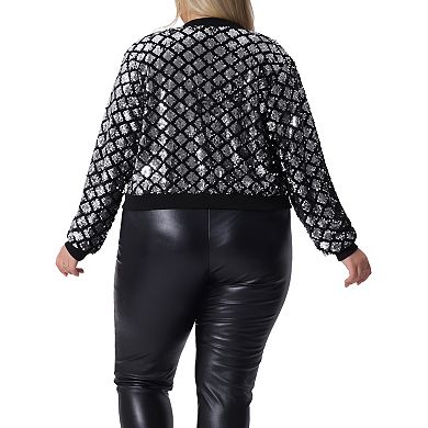 Plus Size Sequin Jackets for Women Long Sleeve Metallic Party Crop Bomber Jacket