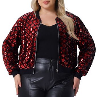 Plus Size Sequin Jackets for Women Long Sleeve Metallic Party Crop Bomber Jacket