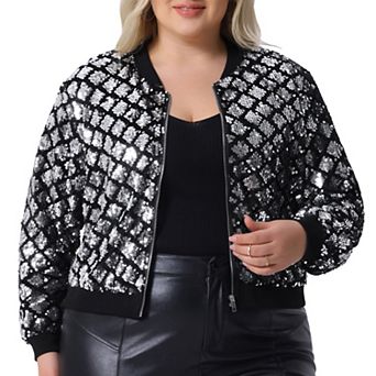 Plus Size Sequin Jackets for Women Long Sleeve Metallic Party Crop Bomber Jacket