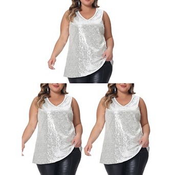 Women's Plus Size Sleeveless Sparkle Shimmer Glitter Sequin V Neck Tank Tops