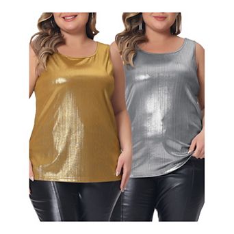 Women's Plus Size Shiny Metallic Tank Top Shirt Round Neck Sleeveless Tee Blouse