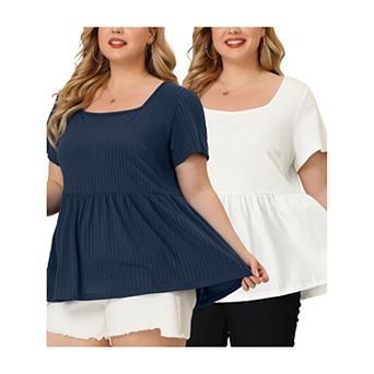 Women's Plus Size Rib Solid Peplum Square Neck Babydoll Tee Blouse