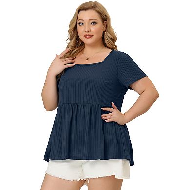 Women's Plus Size Rib Solid Peplum Square Neck Babydoll Tee Blouse