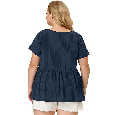 Women's Plus Size Rib Solid Peplum Square Neck Babydoll Tee Blouse