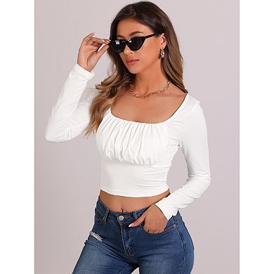 Square Neck Crop Top For Women's Casual Ruched Long Sleeve Solid Fitted Cropped Blouse