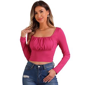 Square Neck Crop Top For Women's Casual Ruched Long Sleeve Solid Fitted Cropped Blouse
