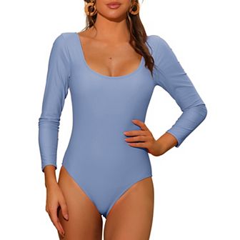 Women's One Piece Swimsuit, Solid Scoop Neck Backless Basic Rashguard Swimwear Bathing Suits