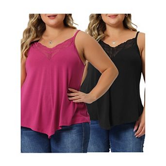 Plus Size Cami Tank For Women V-neck Lace Front Camisole Spaghetti Strap Tops