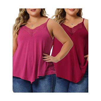 Plus Size Cami Tank For Women V-neck Lace Front Camisole Spaghetti Strap Tops