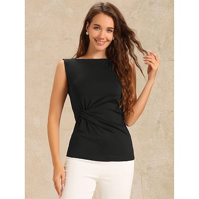Front Twist Knot Tops for Women's Casual Round Neck Sleeveless Top