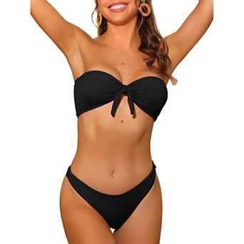 Women's Bandeau Bikini Sets, Ribbed Bowknot Strapless With Bottoms 2 pc Swimwear