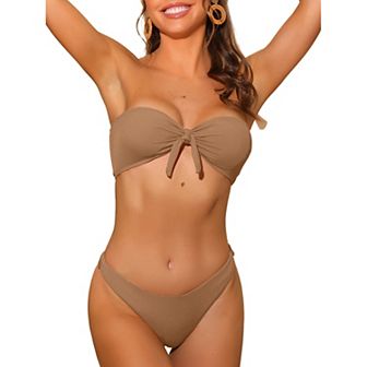 Women's Bandeau Bikini Sets, Ribbed Bowknot Strapless With Bottoms 2 pc Swimwear