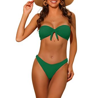 Women's Bandeau Bikini Sets, Ribbed Bowknot Strapless With Bottoms 2 pc Swimwear