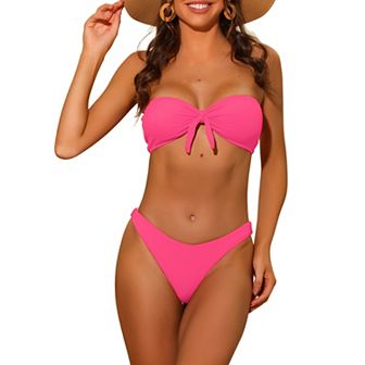 Women's Bandeau Bikini Sets, Ribbed Bowknot Strapless With Bottoms 2 pc Swimwear