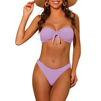 Women's Bandeau Bikini Sets, Ribbed Bowknot Strapless With Bottoms 2 pc Swimwear