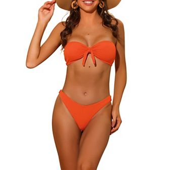 Women's Bandeau Bikini Sets, Ribbed Bowknot Strapless With Bottoms 2 pc Swimwear