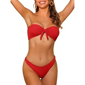 Women's Bandeau Bikini Sets, Ribbed Bowknot Strapless With Bottoms 2 pc Swimwear