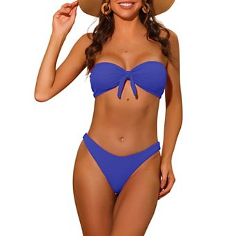 Women's Bandeau Bikini Sets, Ribbed Bowknot Strapless With Bottoms 2 pc Swimwear