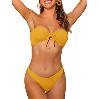 Women's Bandeau Bikini Sets, Ribbed Bowknot Strapless With Bottoms 2 pc Swimwear