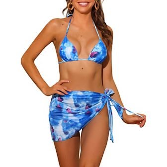 Women's 3 pc Tie Dye Bikini Sets Swimsuits With Sarong Cover Ups Beach Skirt Bathing Suit