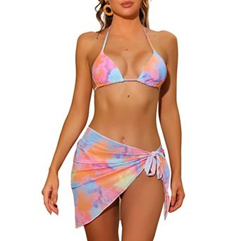 Women's 3 pc Tie Dye Bikini Sets Swimsuits with Sarong Cover Ups Beach Skirt Bathing Suit