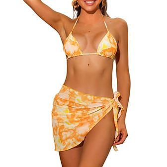 Women's 3 pc Tie Dye Bikini Sets Swimsuits With Sarong Cover Ups Beach Skirt Bathing Suit