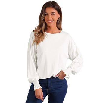 Long Sleeve Plain Tops For Women Casual Loose Fit Smocked Cuffs Long Sleeve T-shirts Blouses