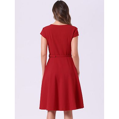 Women's Belted V Neck Cap Sleeve Flowy A-line Dress