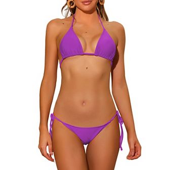 Women's Halter Tie Side Bikini Sets, 2 pc Triangle Bottom Basic Swimsuits Bathing Suit