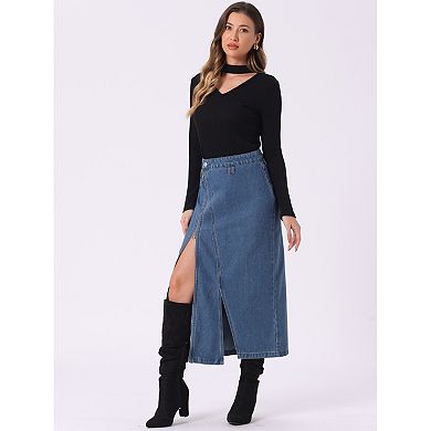 Jean Skirt with Pockets for Women's Denim Zipper Front Split Long Skirts
