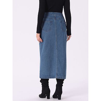 Jean Skirt with Pockets for Women's Denim Zipper Front Split Long Skirts