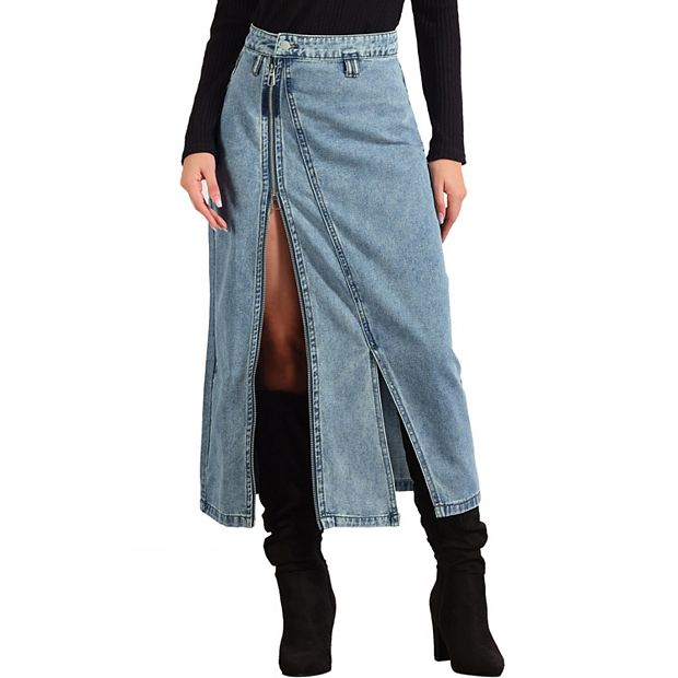 スカート WASHED DENIM ZIPPED LONG SKIRT Jean Skirt with Pockets for Women's Denim Zipper Front Split Long