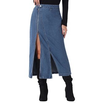 Jean Skirt with Pockets for Women's Denim Zipper Front Split Long Skirts