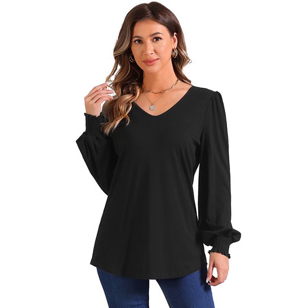 V Neck Blouse For Women s Puffy Long Sleeve Smocked Cuff Casual Top