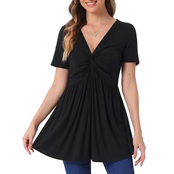 Women's Summer Front Knotted V Neck Blouse Short Sleeve Oversized Tunic Tops Solid Pullover T Shirt