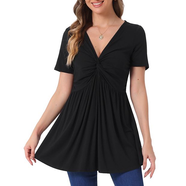 Women's Summer Front Knotted V Neck Blouse Short Sleeve