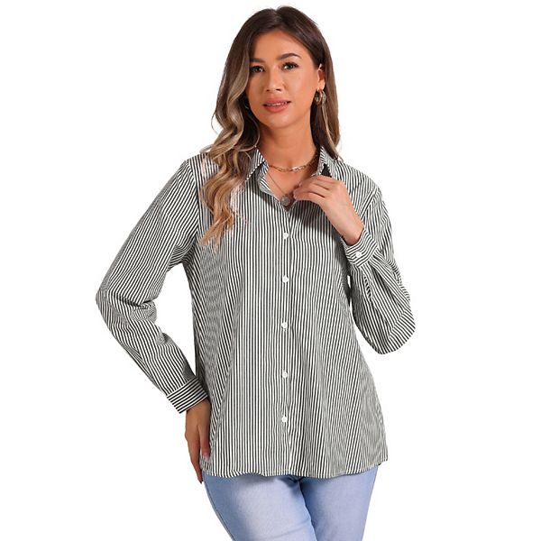 Striped Shirt For Women's Button Down Long Sleeve Collared Work Office ...