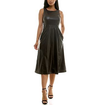 Women's Nina Leonard Faux Leather Fit & Flare Midi Dress
