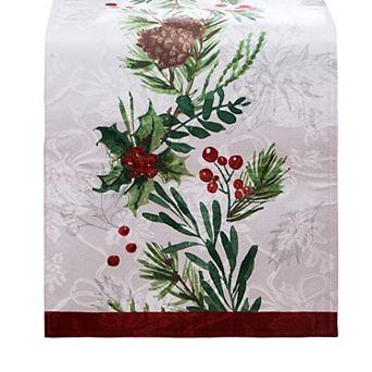 Elrene Home Fashions Holly Berry Flourish Holiday Fabric Table Runner, 14"x70"