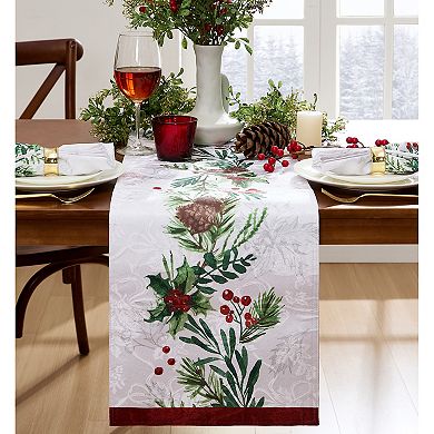 Elrene Home Fashions Holly Berry Flourish Holiday Fabric Table Runner, 14"x70"