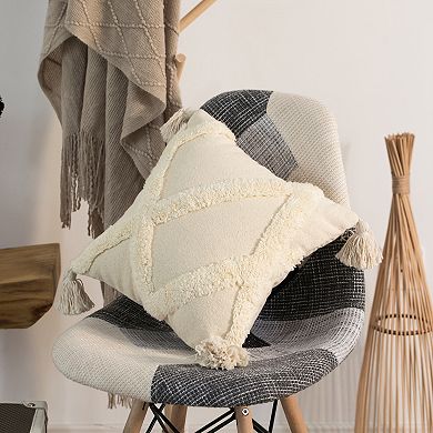 Cotton Throw Pillow Cover with White Tufted Lattice Pattern and Tassel Corners with Filler