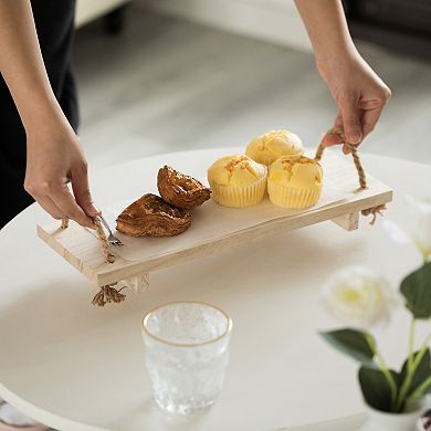 Decorative Natural Wood Rectangular Tray Serving Board Rope Handles