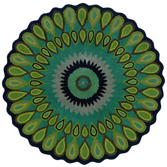 3' Green and Black Peacock Hand Tufted Wool Round Area Throw Rug