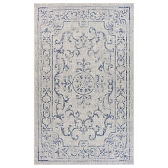 7.75' x 9.75' Navy Blue and Gray Medallion Rectangular Outdoor Area Throw Rug