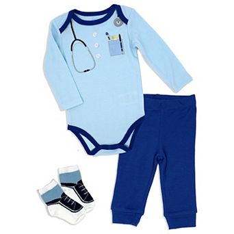 Baby Mode Baby Boys 3 pc Doctor Bodysuit, Pants And Socks Set