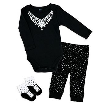 Baby Girls 3 pc Diamond Necklace Bodysuit, Pants And Socks Set
